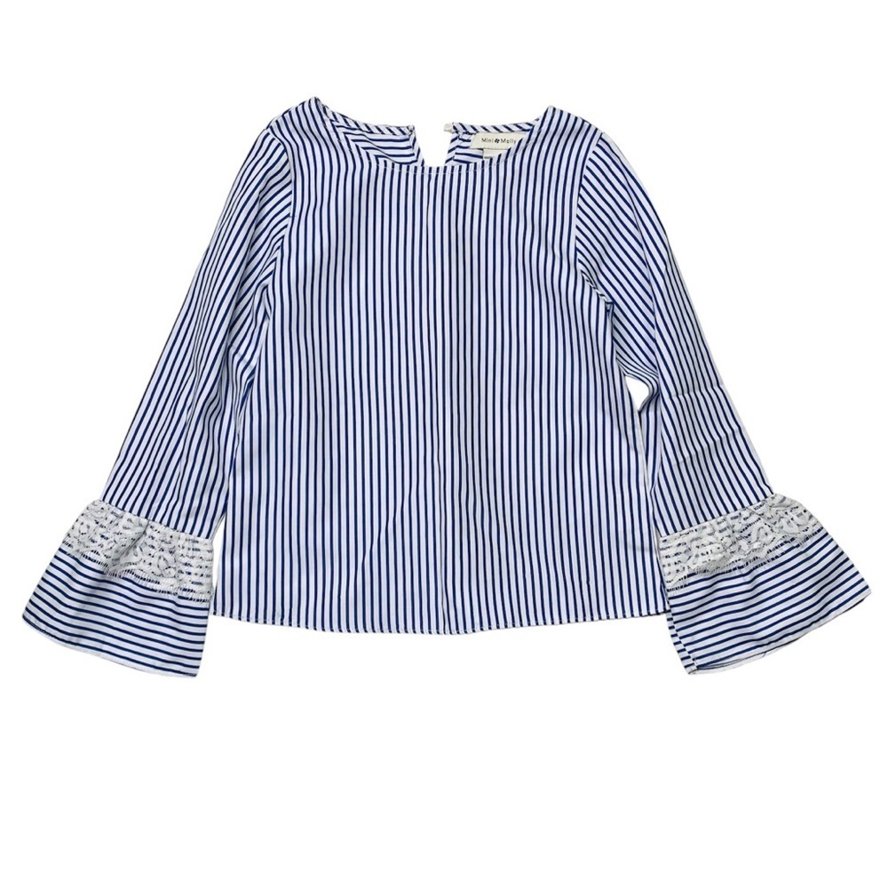 Mini‎ Molly girls 6-8 Y Blue Striped Blouse top with Lace Sleeves